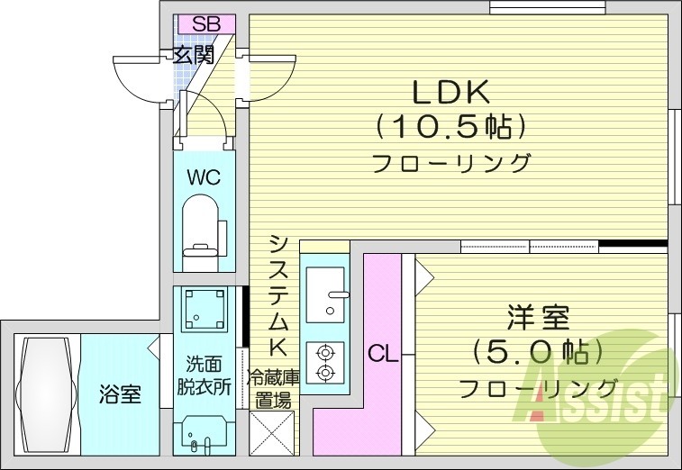 1LDK、エアコン、システムキッチン、都市ガス