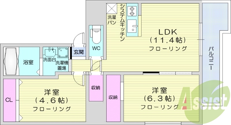 2LDK、都市ガス、追い焚き、エアコン、システムキッチン
