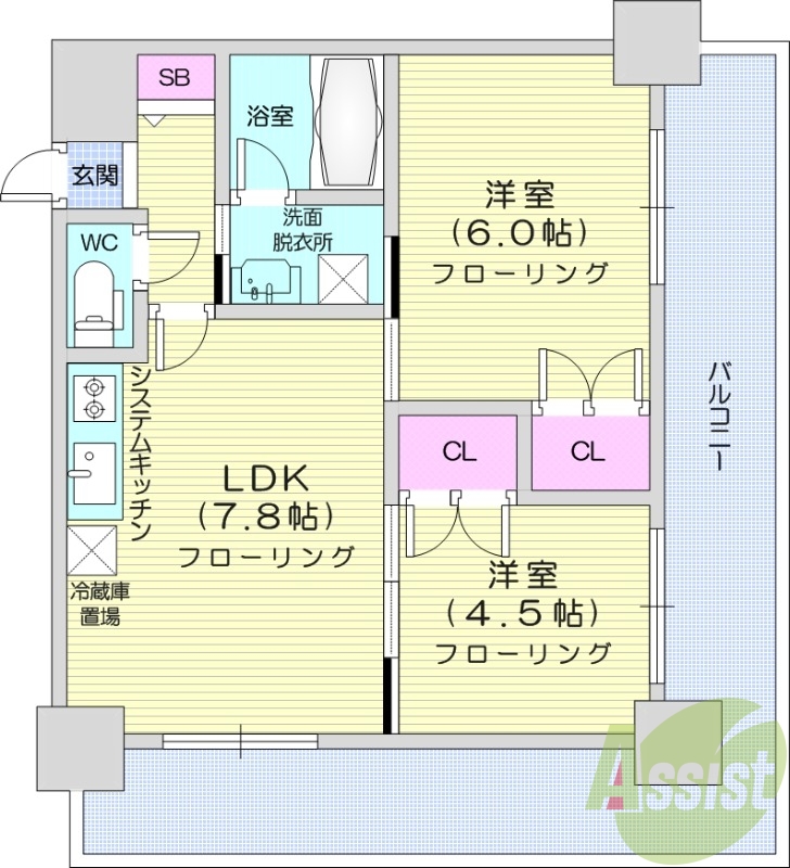 2LDK、エアコン、システムキッチン、独立洗面台