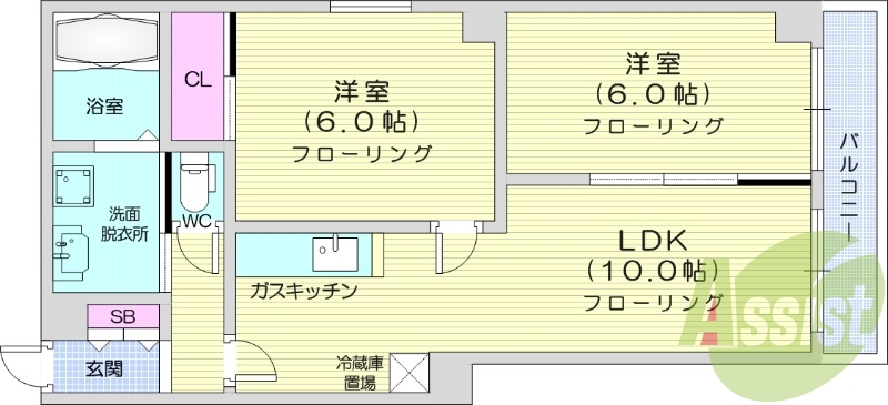 2LDK、角部屋、インターネット無料、バストイレ別
