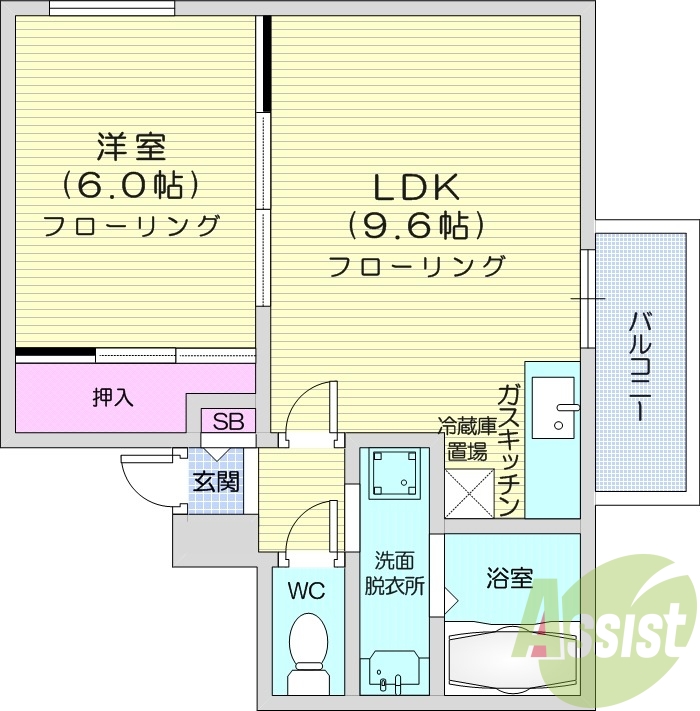 1LDK、角部屋、インターネット無料、バストイレ別