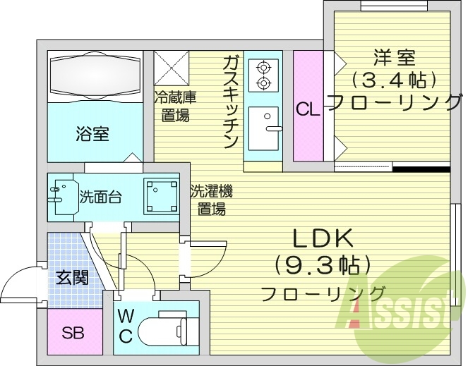 1LDK、都市ガス、システムキッチン、エアコン