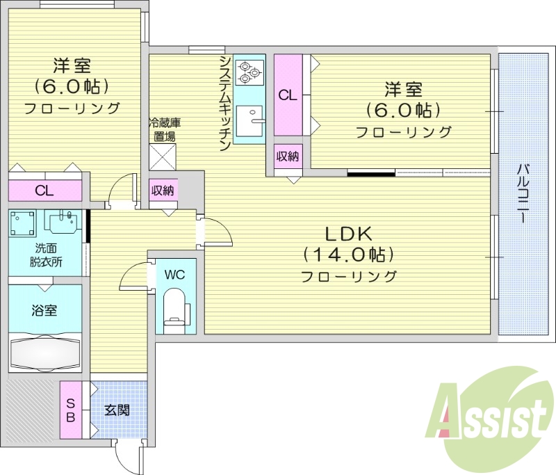 2LDK、エアコン、オートロック、独立洗面台、