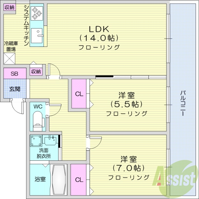 2LDK、エアコン、オートロック、独立洗面台、
