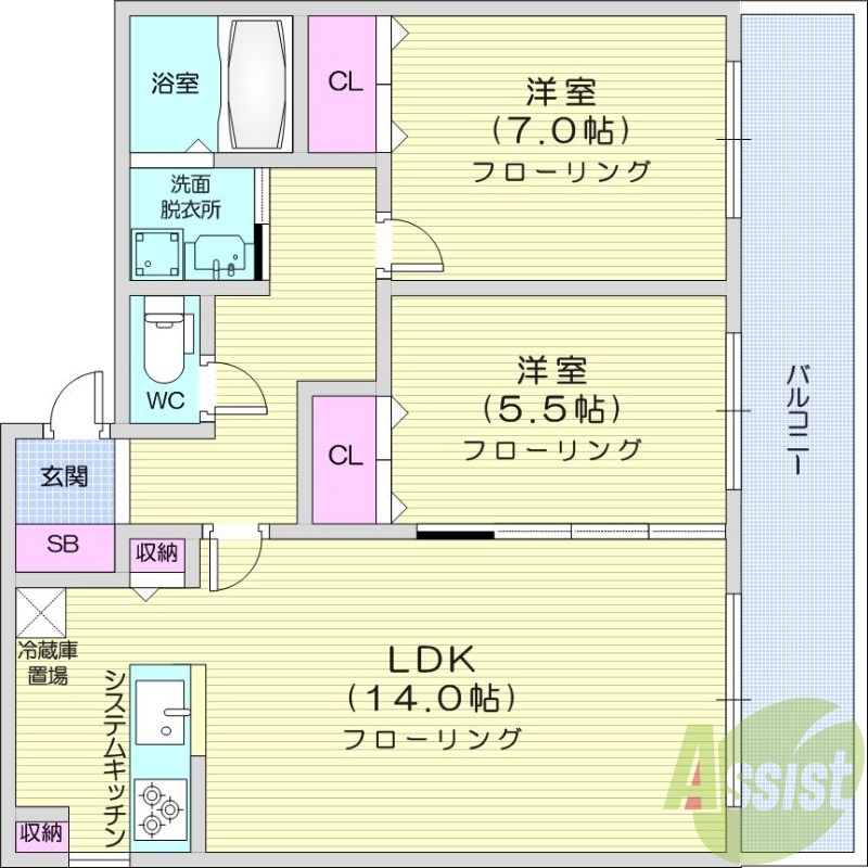 2LDK、エアコン、オートロック、独立洗面台、