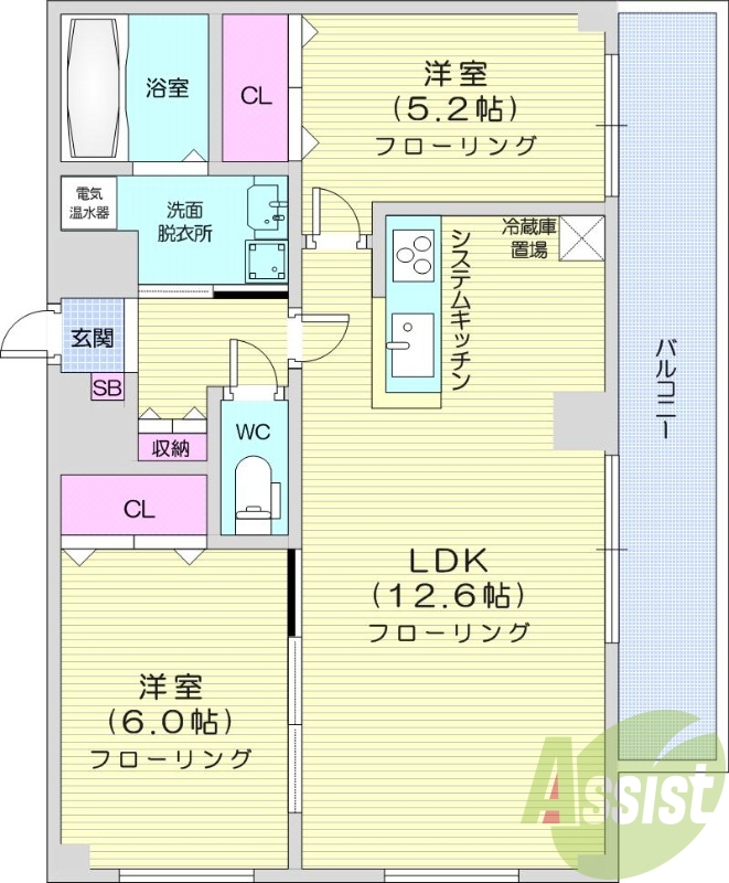 2LDK、オール電化、エアコン、システムキッチン、追い焚き