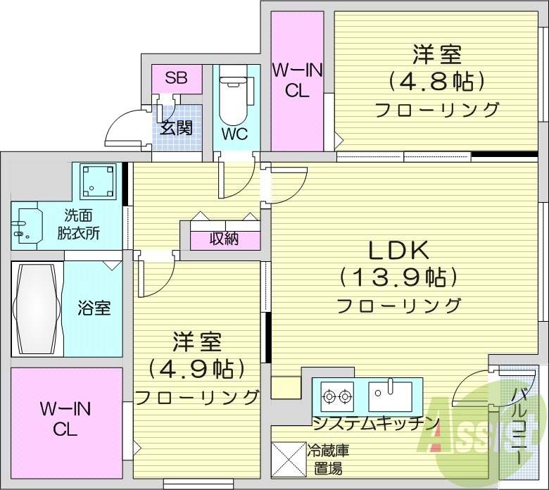 2LDK、エアコン、システムキッチン、シャンドレ
