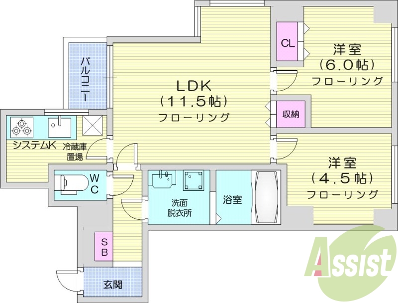 2LDK、エアコン、オートロック、独立洗面台