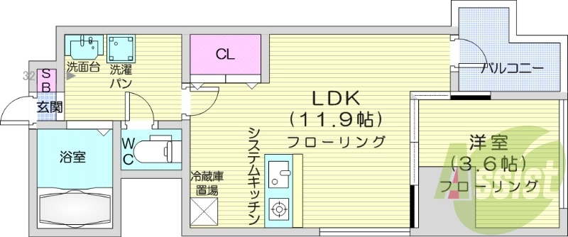 1LDK、クローゼット、シューズボックス、システムキッチン