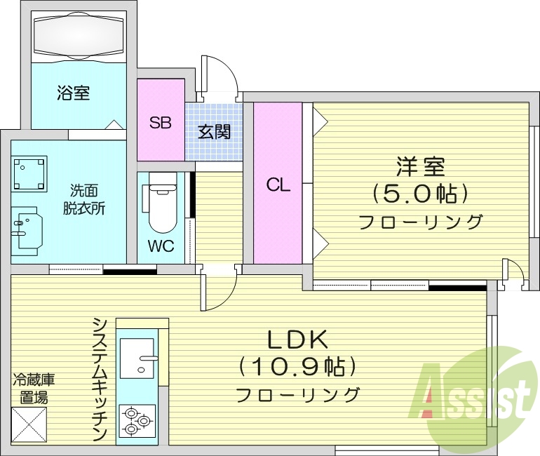 1LDK、システムキッチン、エアコン、ネット無料