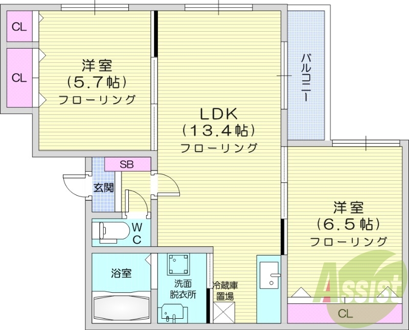 2LDK、ユニットバス、エアコン、バルコニー