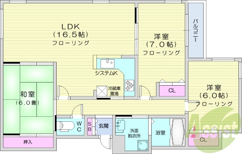 3LDK、システムキッチン、灯油暖房、バストイレ別