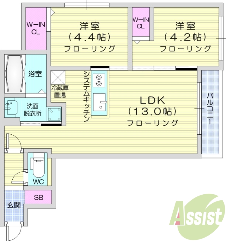2LDK、エアコン、一坪バス、システムキッチン、エレベーター