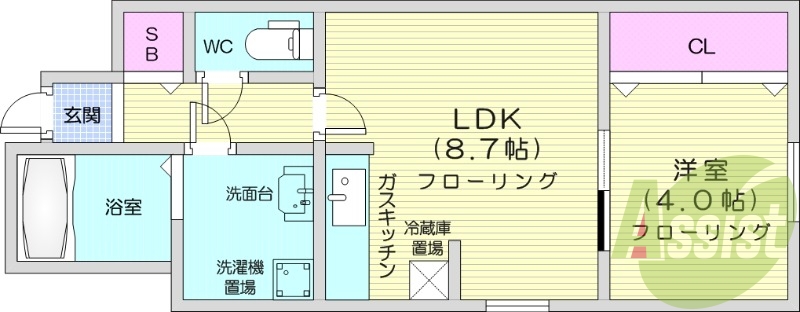 1LDK、インターネット無料、バストイレ別、洗髪洗面化粧台