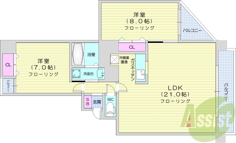 2LDK、都市ガス、オートロック、ウォシュレット