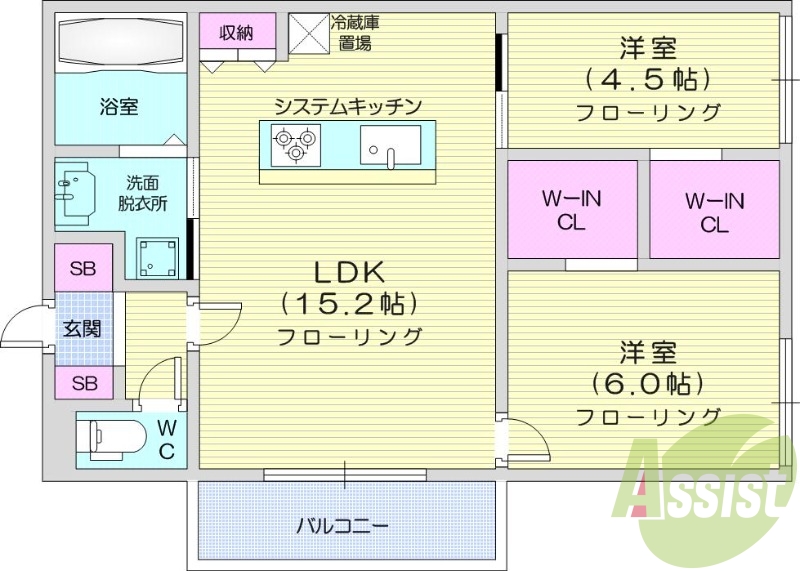 2ＬＤＫ、エアコン、都市ガス、システムキッチン