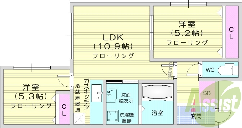 2LDK、角部屋、最上階、ネット無料、灯油暖房