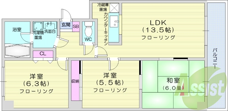 3LDK、トランクルーム、対面キッチン、バルコニー