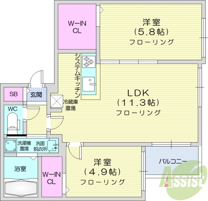 2LDK、角部屋、システムキッチン、エアコン
