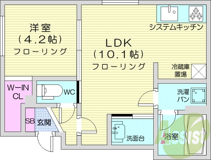 1LDK、システムキッチン、エアコン、独立洗面台