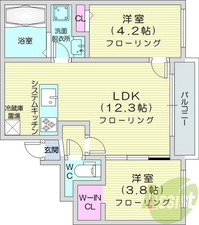 2LDK、エアコン、都市ガス、ウォークインクローゼット
