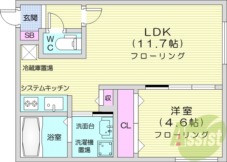 1LDK、エアコン、独立洗面台、システムキッチン、