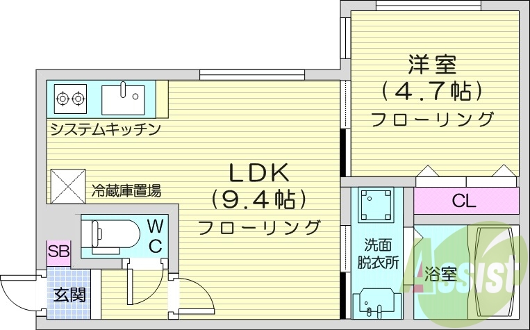 1LDK、都市ガス、エアコン、システムキッチン
