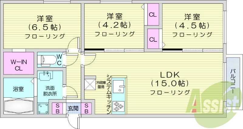 3LDK、エアコン、都市ガス、ウォークインクローゼット