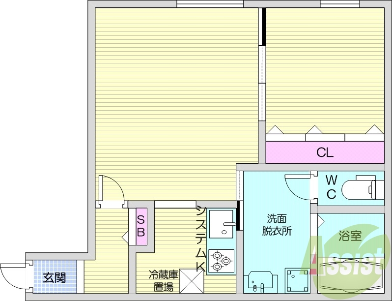 1LDK、エアコン、都市ガス、システムキッチン