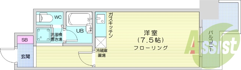 1R、オートロック、バストイレ別、ガスFF暖房