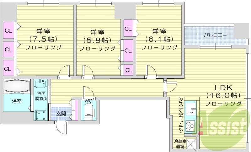 3LDK、クローゼット、システムキッチン、ウォシュレット
