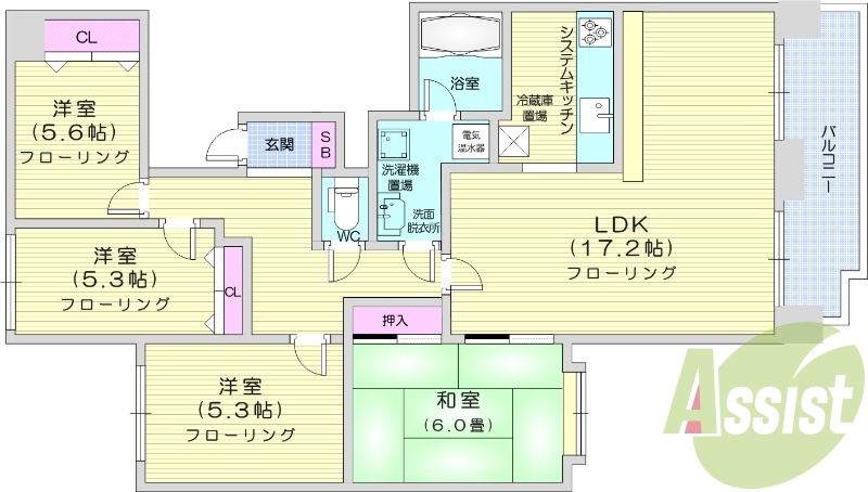 4LDK、都市ガス、バストイレ別、オートロック