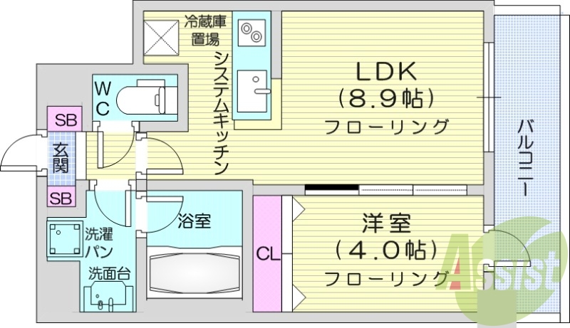 1LDK、オール電化、浴室乾燥機、システムキッチン