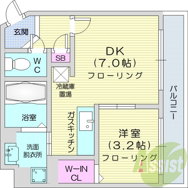 1DK、TVモニターホン、ウォークインクローゼット