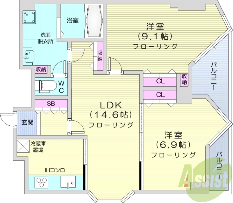2LDK、システムキッチン、エアコン、光ファイバー