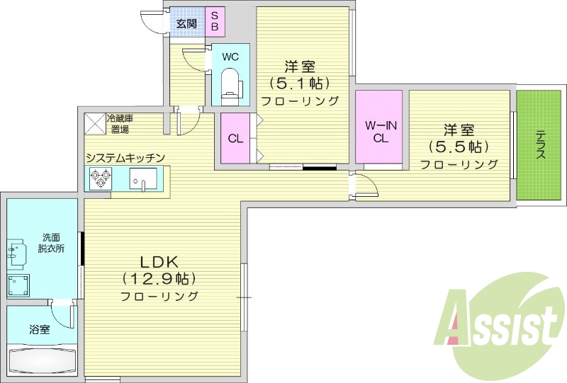 2LDK、エアコン、ペット可、システムキッチン