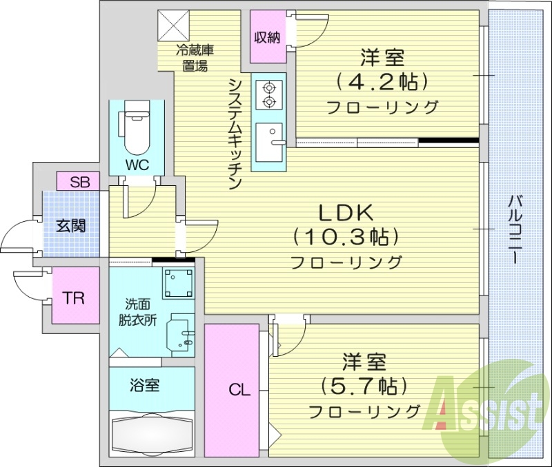 2LDK、都市ガス、エアコン、トランクルーム、独立洗面台