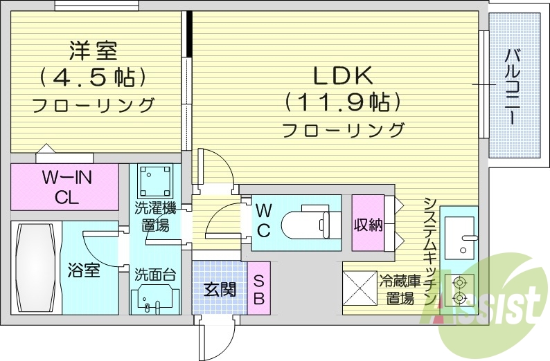 1LDK、エアコン、浴室乾燥機、システムキッチン