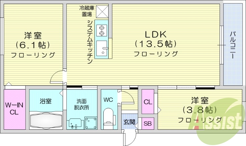 2LDK、エアコン、ペット可、システムキッチン