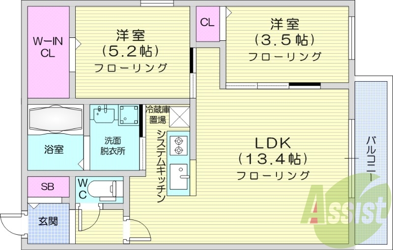 2LDK、エアコン、ペット可、システムキッチン