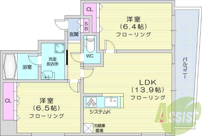 2LDK、都市ガス、ペット可、システムキッチン、宅配ボックス