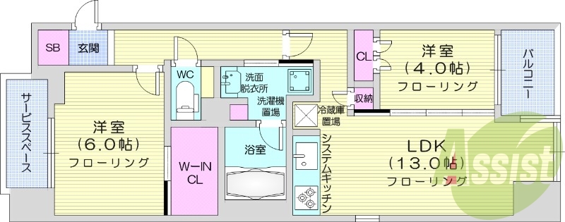 2LDK、都市ガス、ネット無料、追い焚き、浴室乾燥、床暖房