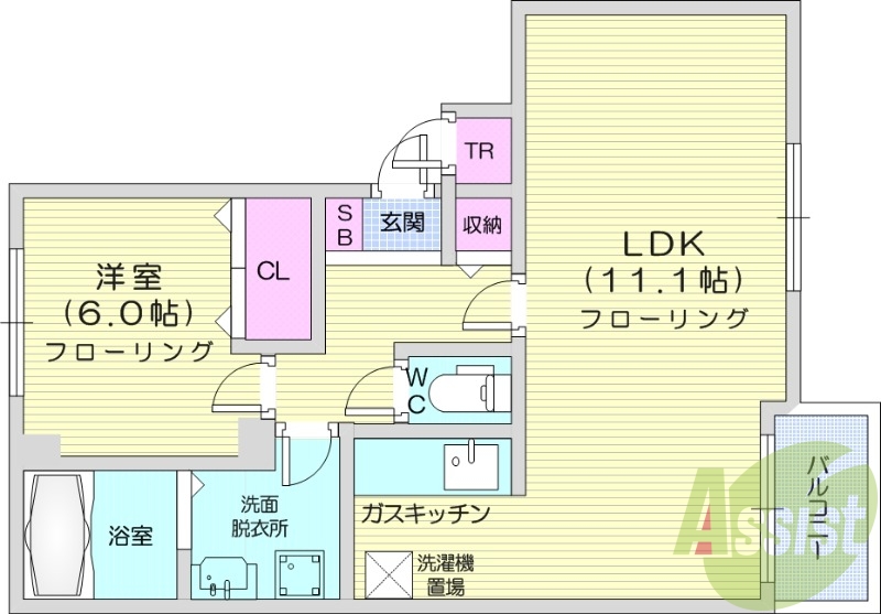 1LDK、トランクルーム、浴室乾燥機、バルコニー