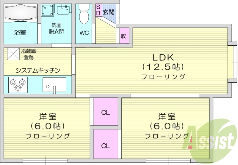 2LDK、エアコン、独立洗面台、インターネット無料