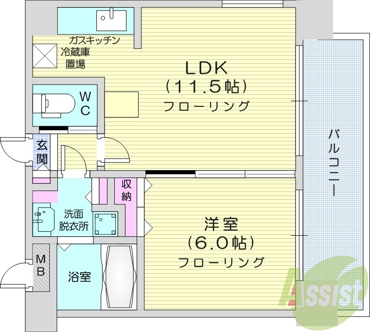 1LDK、バルコニー、クローゼット、都市ガス、ガス暖房
