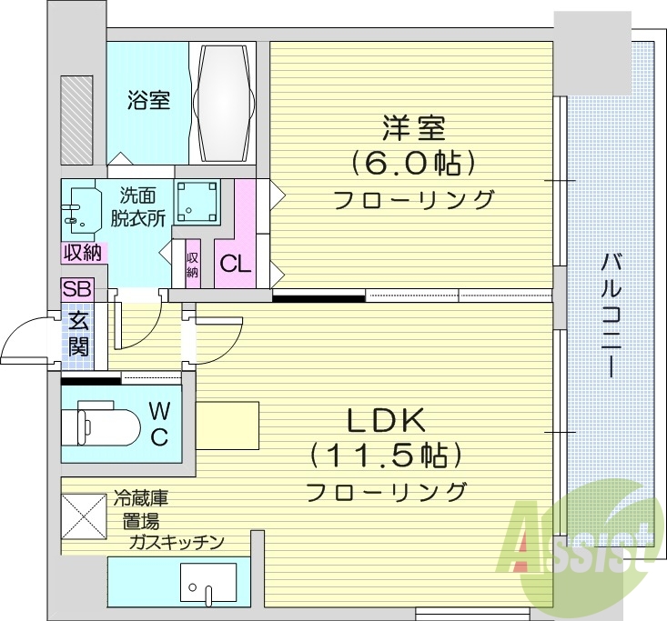 1LDK、バルコニー、クローゼット、都市ガス、ガス暖房