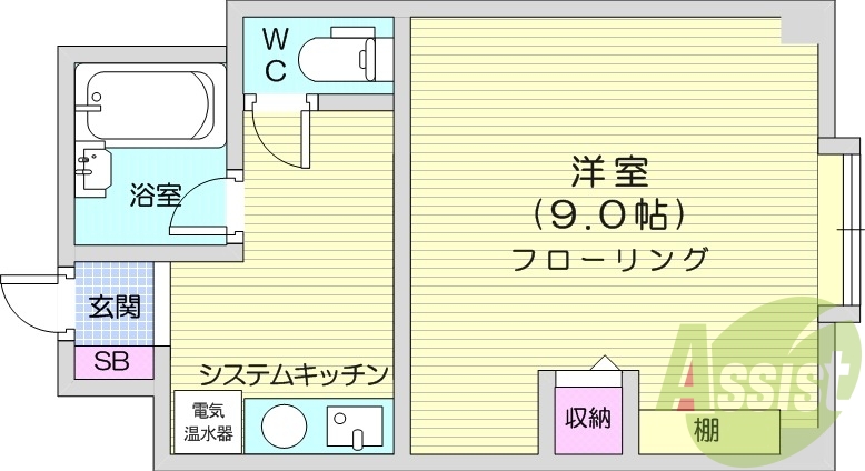 1K、エアコン、洗面台、電気暖房、システムキッチン、