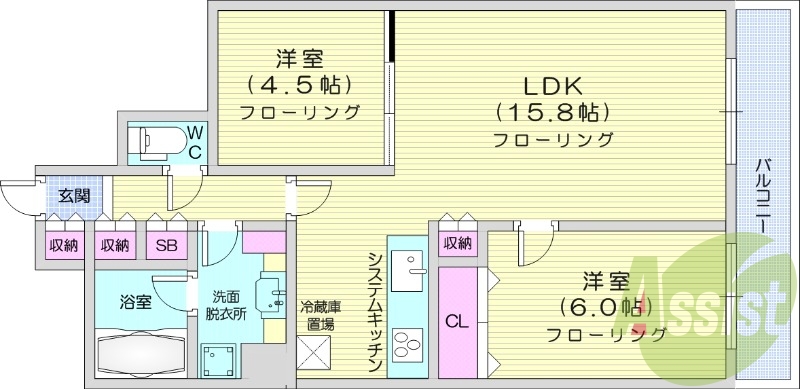 2LDK、オートロック、オール電化、システムキッチン