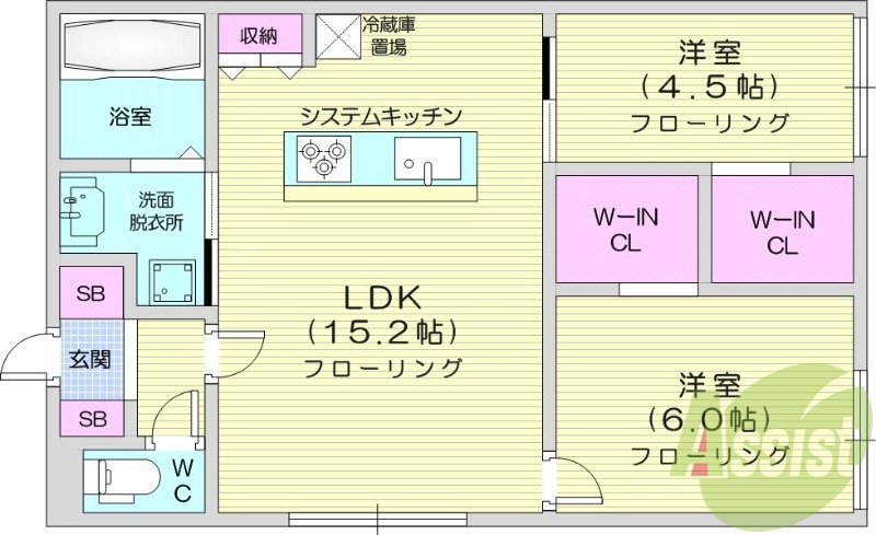 2ＬＤＫ、エアコン、都市ガス、システムキッチン