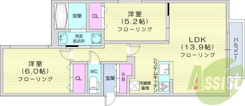 2LDK、エアコン、システムキッチン、独立洗面台、浴室乾燥機